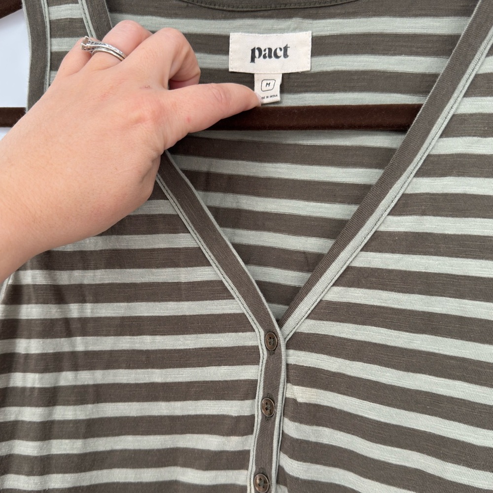 Pact Organic Cotton Olive Green Stripe Relaxed Slub Patio Dress - Picture 4 of 5